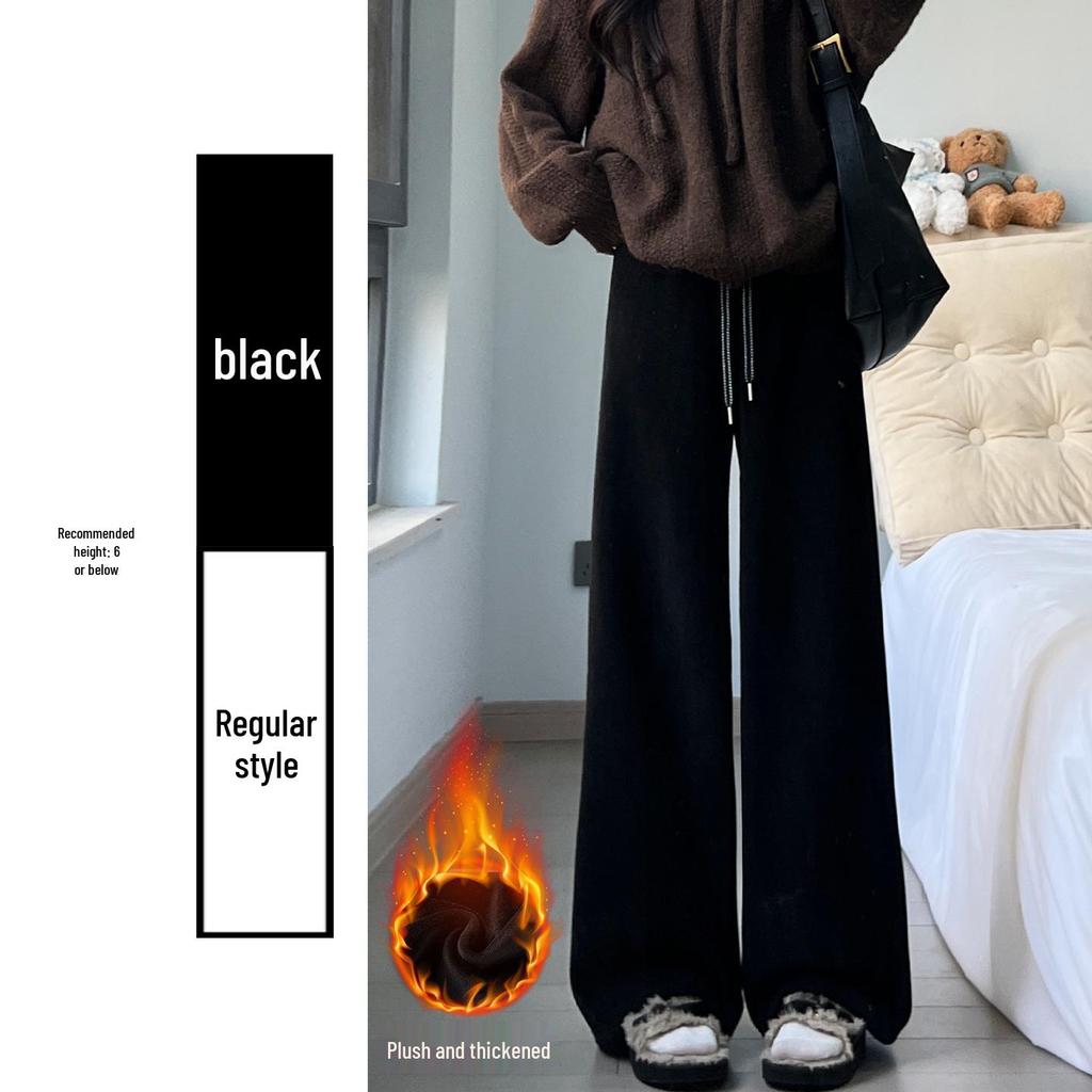 Women's High-Waisted Corduroy Pants - White Fluffy Lambswool, Wide-Leg, Plus Velvet Thickened & Slimming for Autumn/Winter