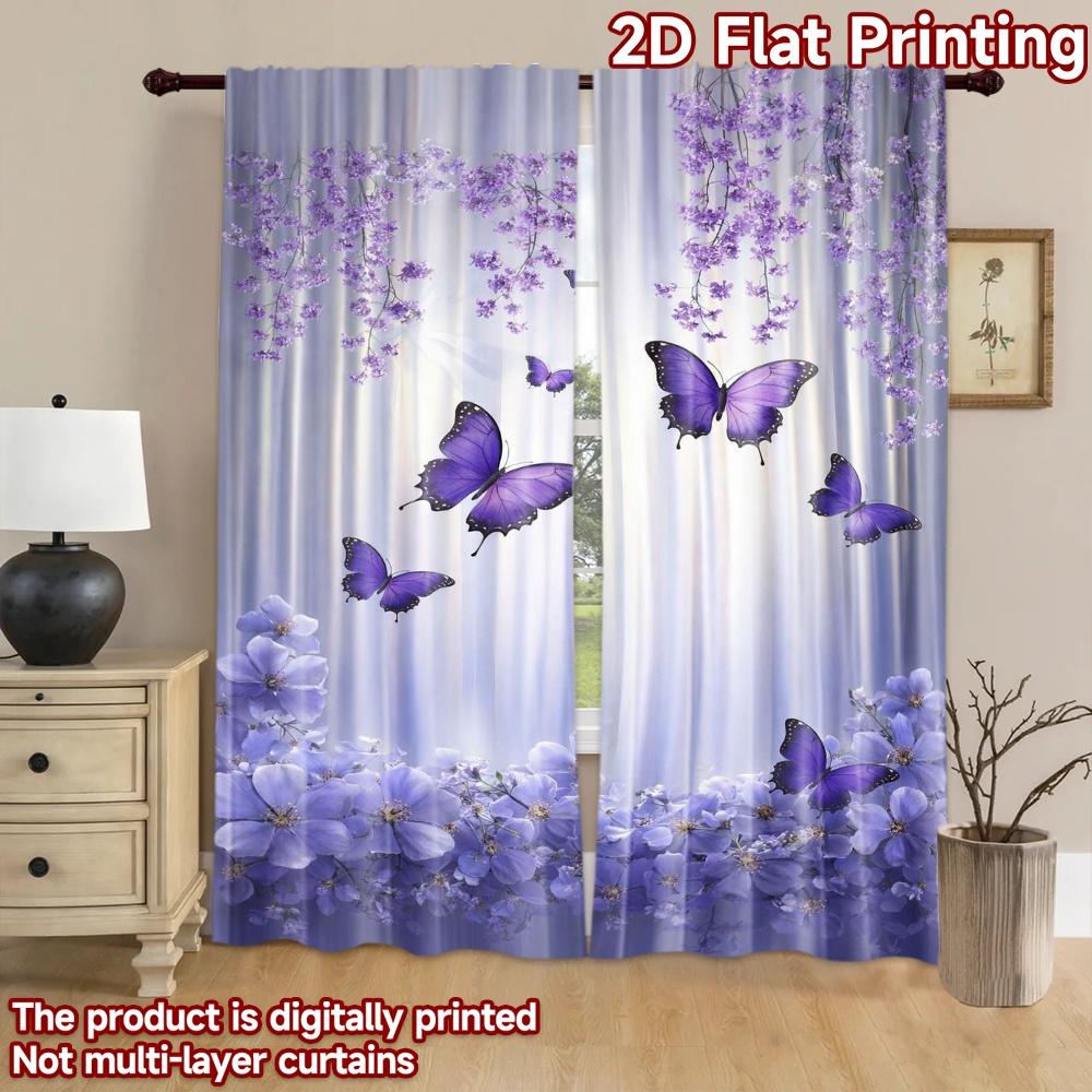 2D Flat Printing 2pcs Curtain Party Curtains Spring Purple Butterflies Digital Printed Polyester Drapes Seasonal Party & Holiday