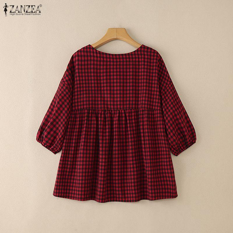 ZANZEA Women Casual Round Neck Half Sleeve Loose Plaid Print Blouse
