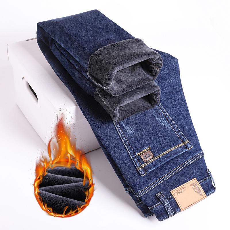 Winter Men Fleece Warm Jeans Classic Style Business Casual Thicken Velvet Slim Denim Pants Brand Trousers Male Size 28-42