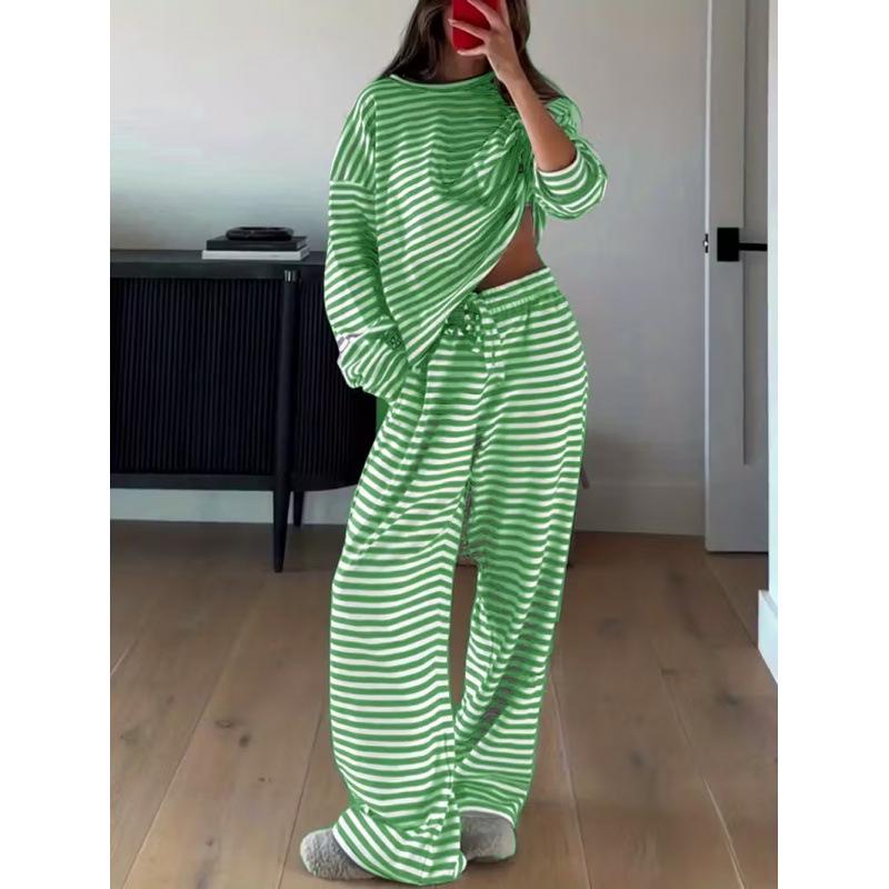 2025 Women's European & American Striped Long Sleeve Top & High Waist Trousers Fashion Set