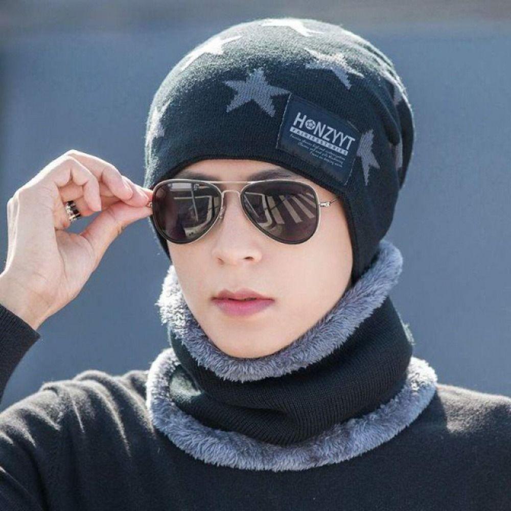 Plush Men's  Beanie Cap Star Neck Scarf  Hat Fashion Winter Hat Scarf Set  Female/Male