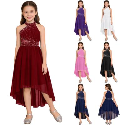 Vestido de Fiesta Brillante para Niñas con Pedrería Sin Mangas Cuerpo Fruncido Cintura de Malla Falda Irregular Gasa Vestido Formal