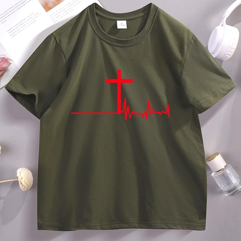Women Graphic T-Shirt Christian Cross Heartbeat Tshirt Religious Faith Short Sleeve Soft Breathable T Shirt Unisex Clothes Tops
