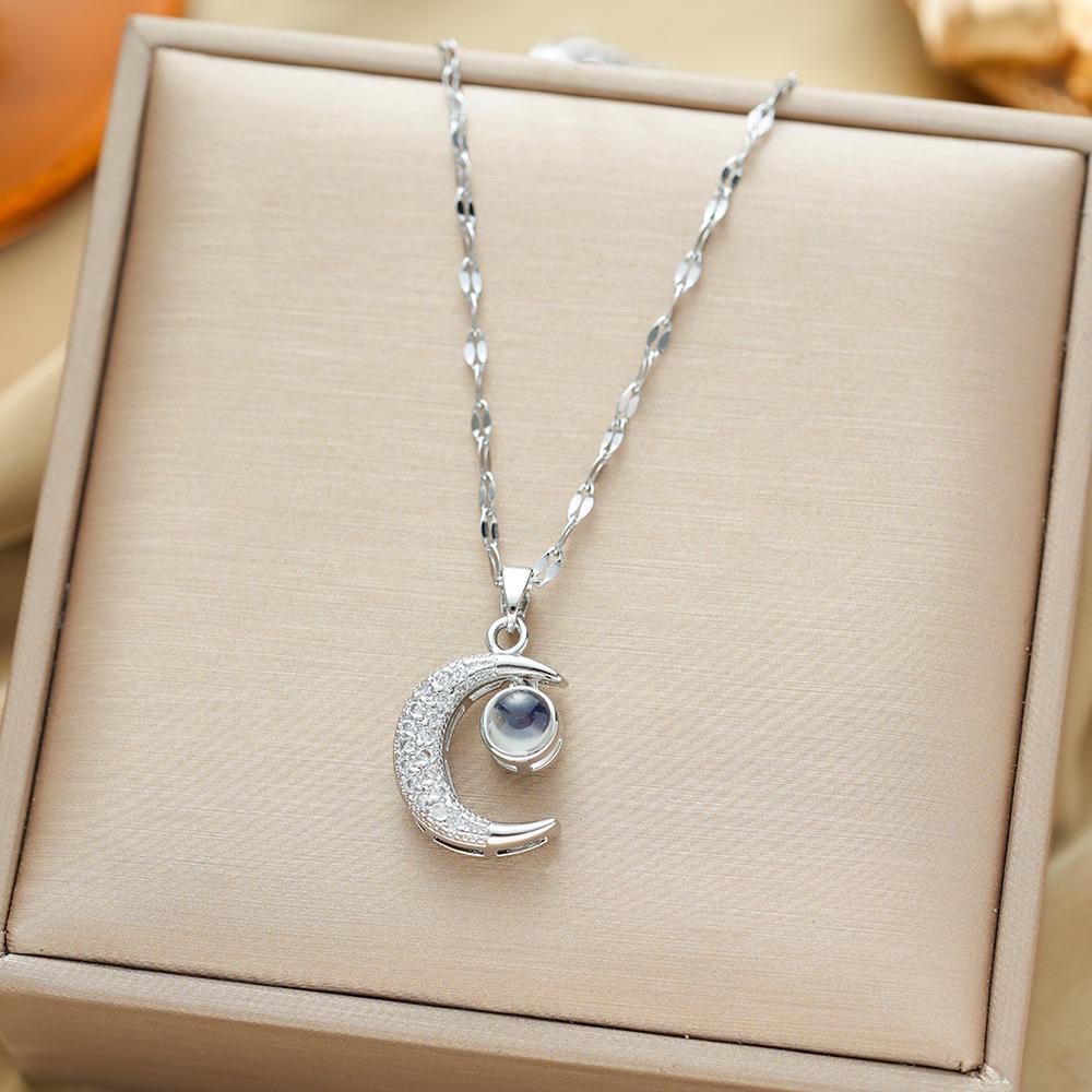 

High-End Diamond-Inlaid Moon Projection Titanium Steel Necklace for Women - Perfect Gift for Best Friend or Girlfriend