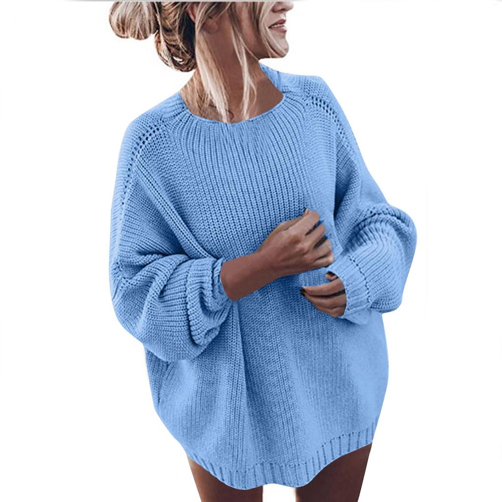Women's Fashionable Casual Round Neck Solid Color Long Sleeve Sweaters