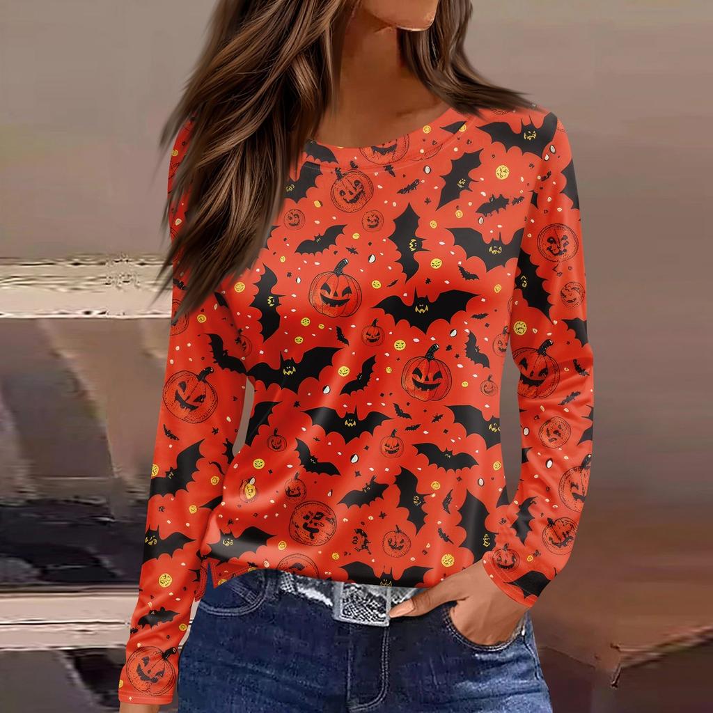 Damesmode Casual Split Zoom Ronde Hals Lange Mouw Los Halloween Bedrukt T-shirt Dames Top