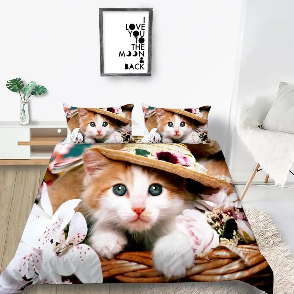 Cat Duvet Cover Collection King Size Microfiber Cute Animal Print Girl Teen Boy Comforter Cover Lovely Kitty Series Pattern Bedding Collection