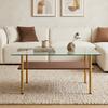 Modern Coffee Table with Glass Top and MDF Shelf, Gold-Colored Metal Frame, Rectangular Sofa Table in Luxury Design, Wood Look-H45/W98/D58 cm