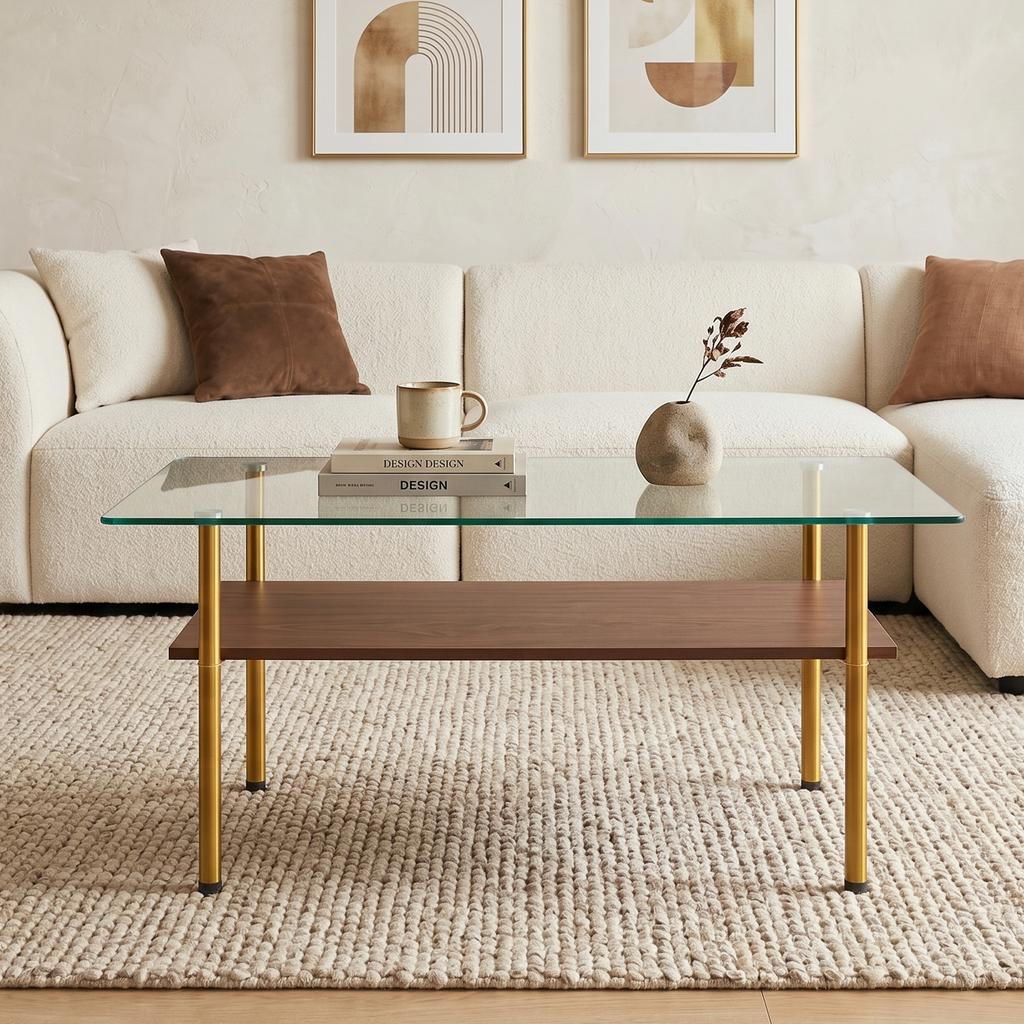 Modern Coffee Table with Glass Top and MDF Shelf, Gold-Colored Metal Frame, Rectangular Sofa Table in Luxury Design, Wood Look-H45/W98/D58 cm