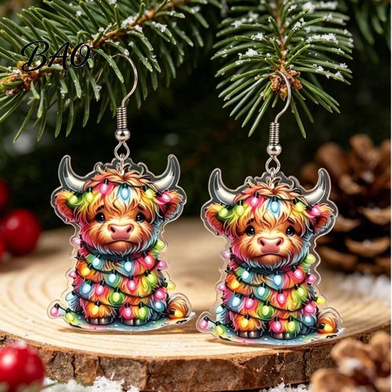 Fun Daily Wear Accessories 1 Pair Acrylic Highland Cow Christmas Earrings for Women, Cute Scottish Cattle Holiday Gift Her Dangle Drop Earrings,