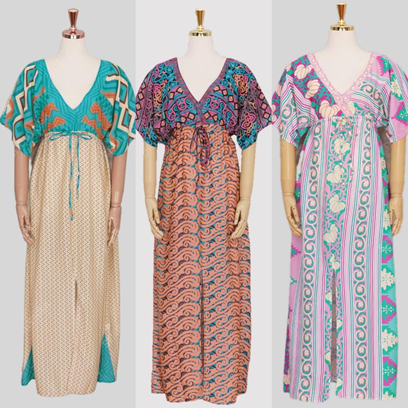 Bikini Cover-ups  Bohemian Printed Kimono Green Tunic Women Plus Size Beachwear Deep V-neck Front Open Maxi Dress Swim Suit Cover Up