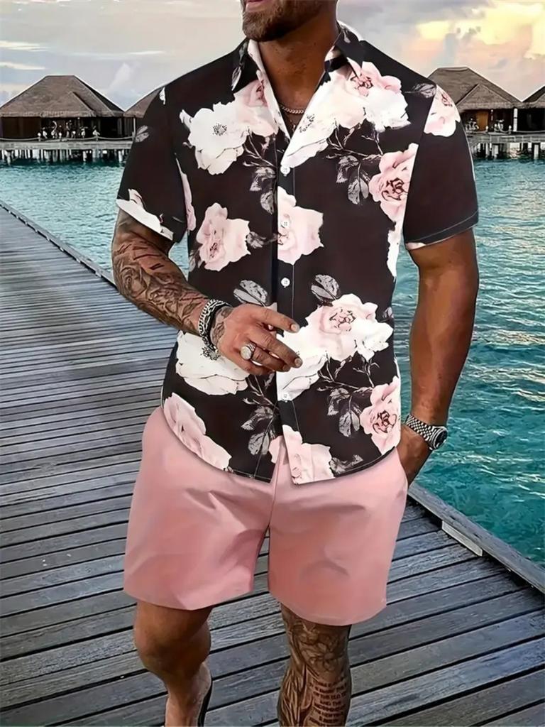 Hawaii Geometric Print Men's Shirt Casual Fashion Short Sleeve Shirt Shorts Set Men's Lapel Top Drawstring Shorts Two Piece Set