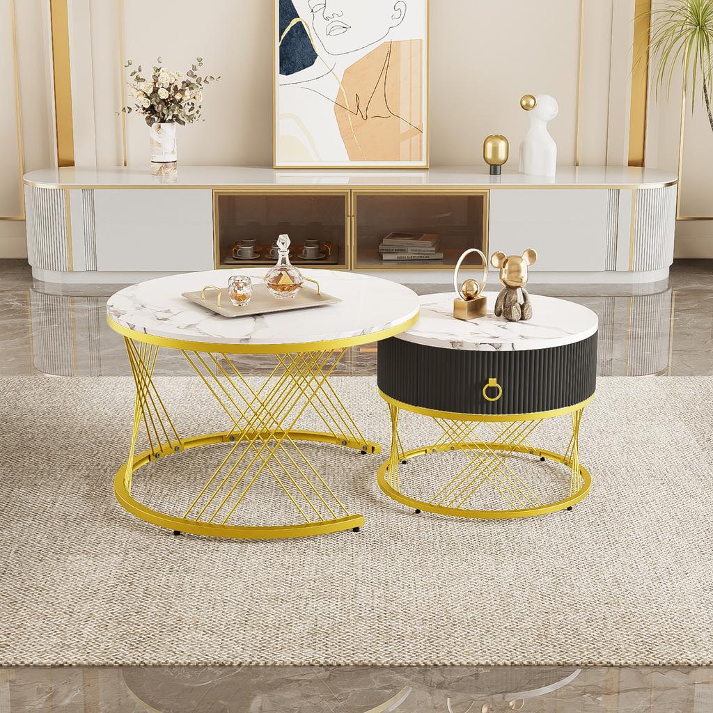 Elegant Assemblable Coffee Table: Marble Look, Gold Decor, Side Table with Drawers – Set of 2