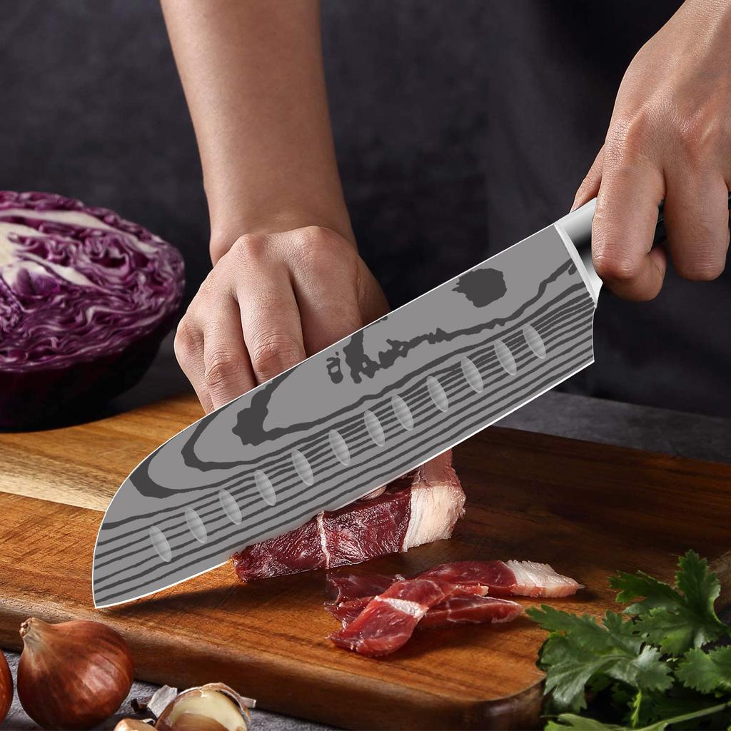 Kitchen Knife Japanese Chef Knife Damascus Steel Laser 7CR17 Meat Cleaver Santoku Butcher Knife Cooking Tools for Fish Vegetable