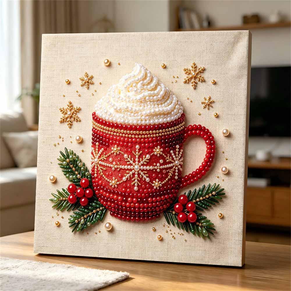 DIY 5D Pearl Painting Kit Framed with Christmas Hot Cocoa Mug Design Sparkling Bead Canvas Art Creative Gift for Nursery Room Decor