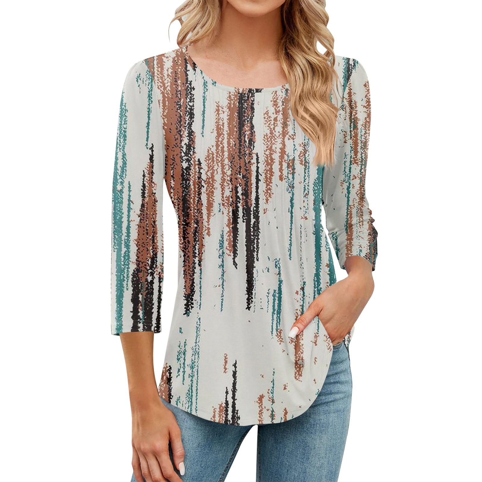 

Женская модная повседневная плиссированная футболка с круглым вырезом и принтом в стиле досуга с рукавом семь четвертей L бежевый