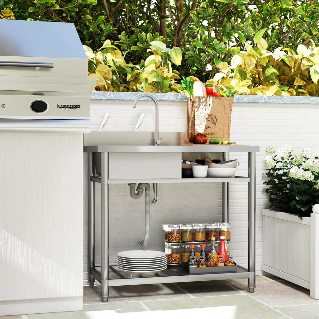 Outdoor Stainless Steel Kitchen Sink, Freestanding Sink Single Bowl with Cold and Hot Water Pipe and Storage Shelves