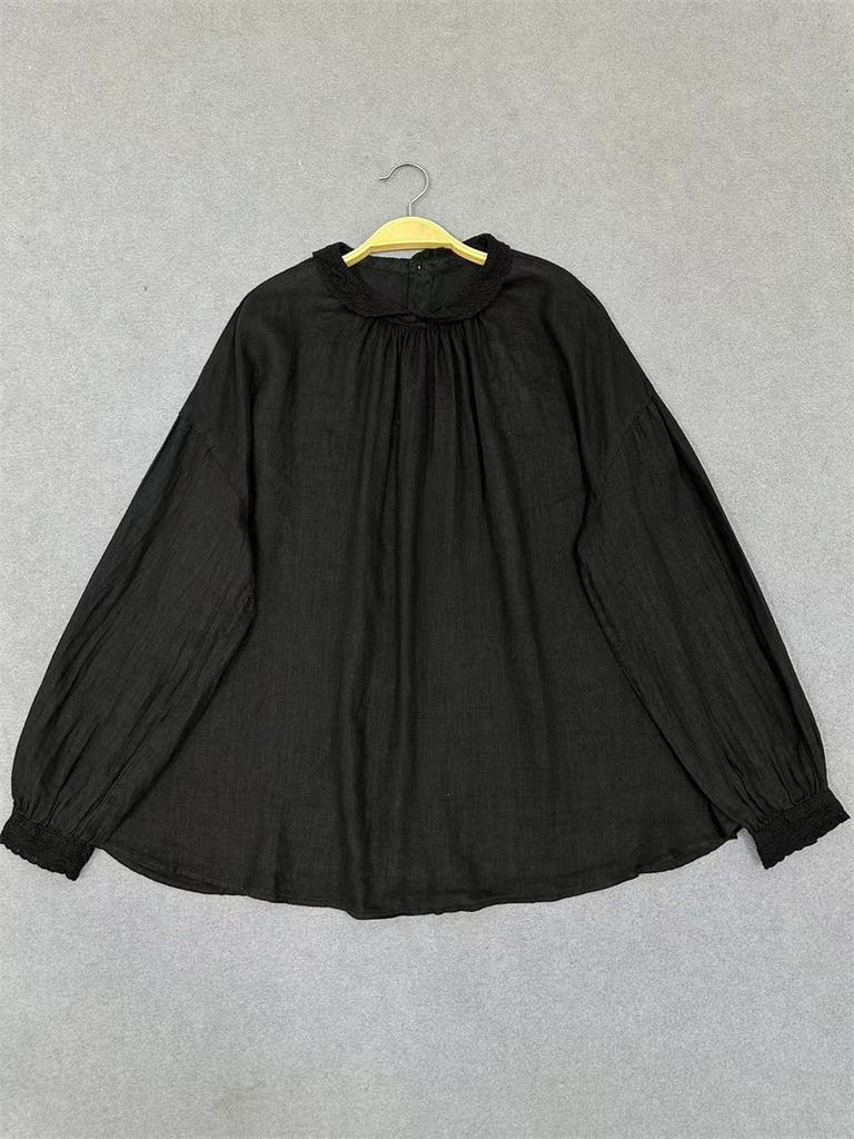 Johnature Thin Lace Trim Shirt Vintage Long Sleeve Top For Spring Autumn Women Shirts