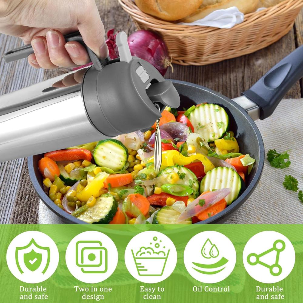 Two-in-one oil dispenser, stainless steel oil spray bottle, can be refilled with portable sprayer, suitable for baking, cooking,