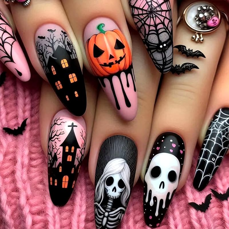 Halloween Press on Nails Medium Almond Fake Nails with Designs Bat Purple French Tip Glossy Glue on Nail 24 Pcs Natural Reusable Acrylic Nail for Halloween Press on False