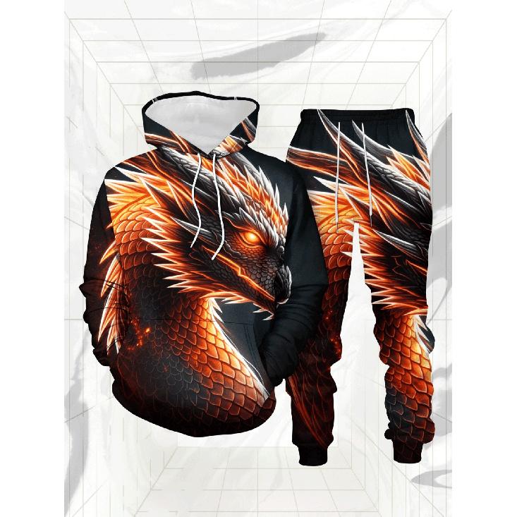 Flame-scaled Fire Dragon Printed Hoodie Set - Luxurious Orange Flame 2pcs Set S