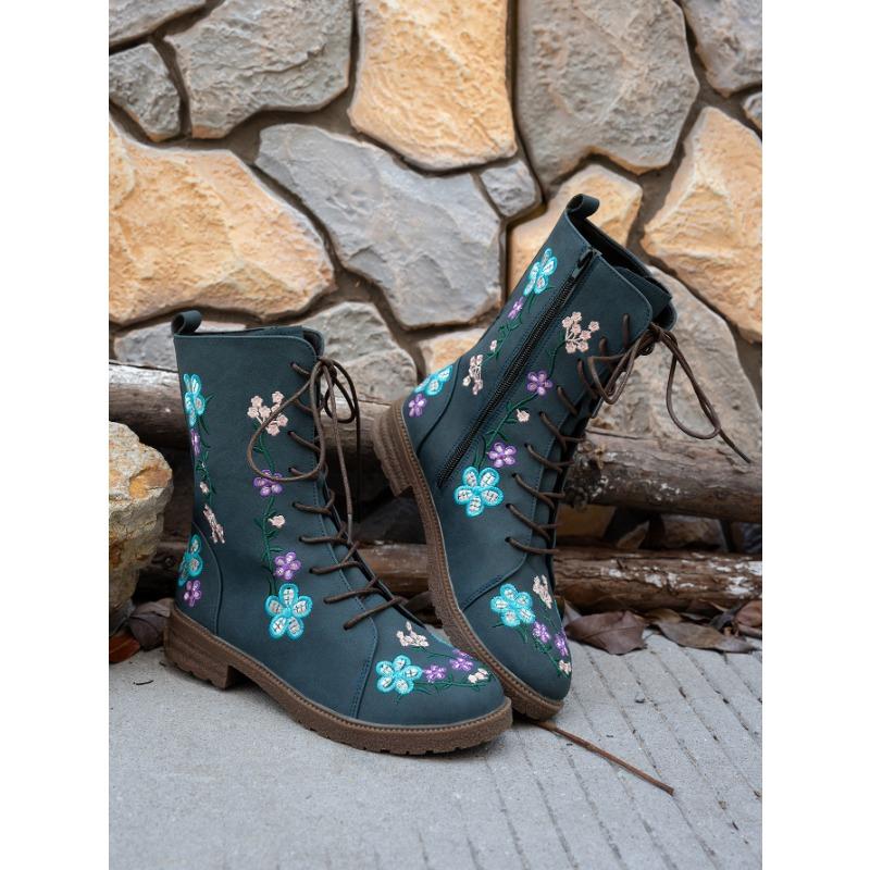 Autumn and Winter New Flat-bottom Embroidered Martin Boots Women's Round Head Square Heel Side Zipper Lace-up Medium Boots Women