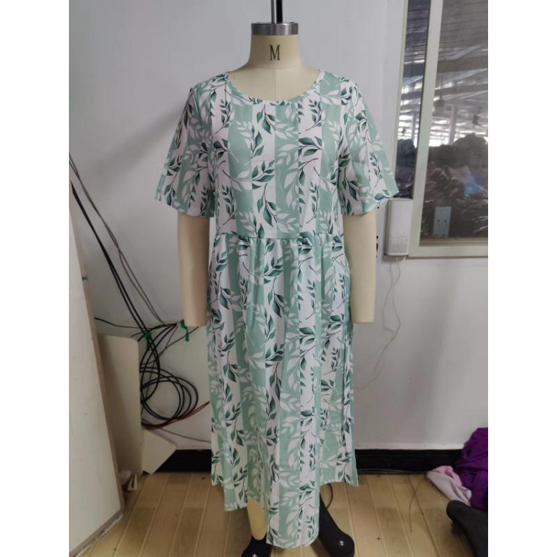 Casual O Neck Pockets Printed Loose Dresses for Women Plus Size Summer New Short Sleeve Women's Dress Fashion Elegant Vintage Floral Long Dress 3364