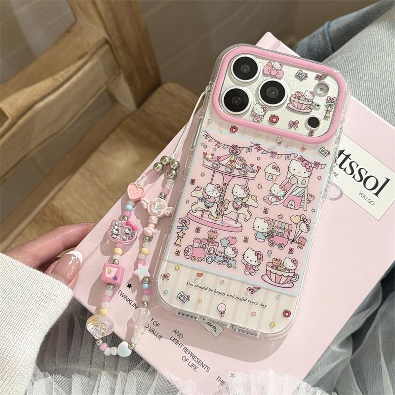 Kawaii Pink Cate Amusement Park Clear Case For iPhone 17 16 15 14 Pro Max with Beaded Chain Double Layer Glitter Shockproof Case