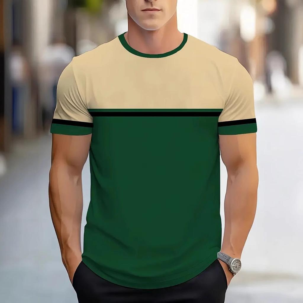 Summer Round Neck Color - Block & Striped 3D Print Top Fashionable Casual Short Sleeved Men's T-shirts