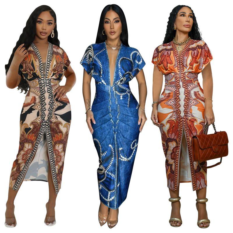 

2025 Fashion Women s Short Sleeved Slim Fit Printed Dress Blue S