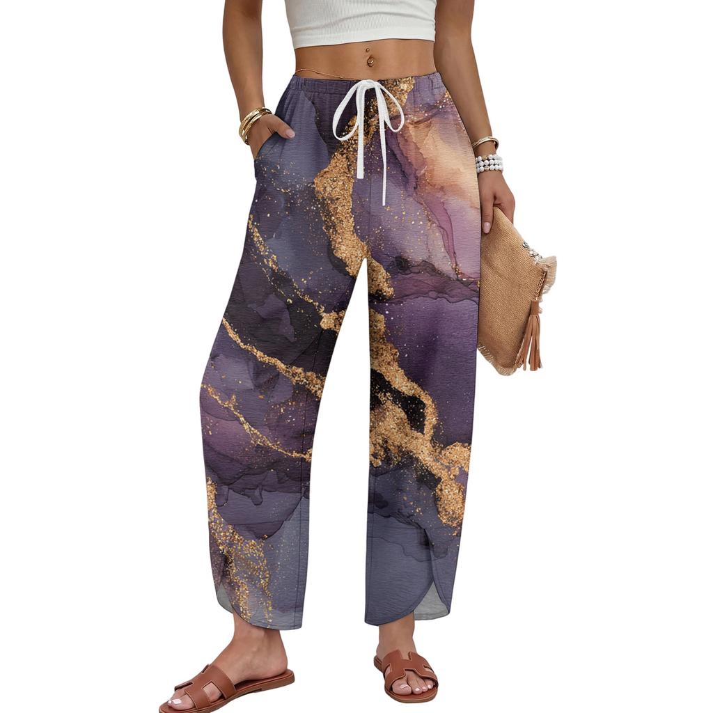 Women Casual Wide Leg Pants Marble Print Loose Fit Drawstring Waist Straight Leg Trousers Comfortable Lightweight Fabric