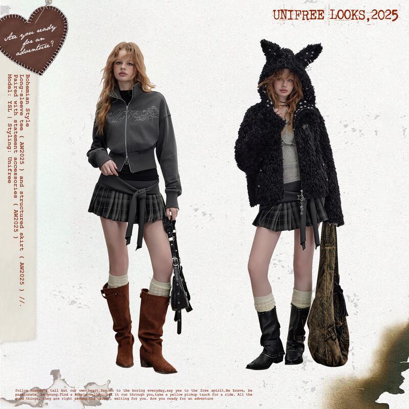 UNIFREE Women's Plaid Patchwork Pleated Mini Skirt