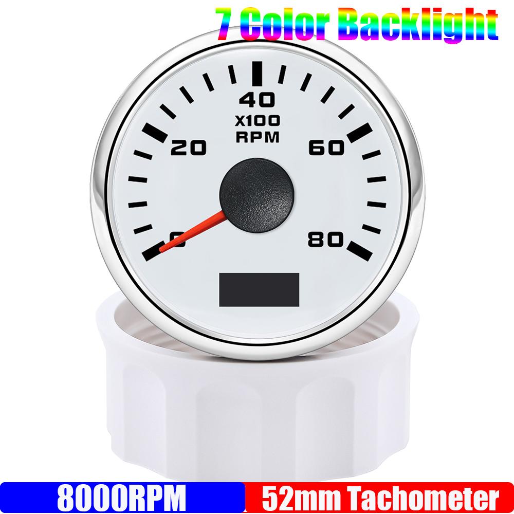 2" 52mm Tachometer 7 Color Light 3000,4000,6000,7000,8000 RPM Meter Hourmeter for Marine Boat Car 12V24V Waterproof IP67