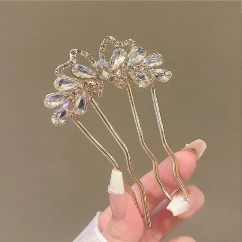 1Pcs Bun Comb Hanfu Metal Hair Clips Fashion Rhinestones U-Shaped Hair Sticks Butterfly Hair Stick For Women Hair Accessories