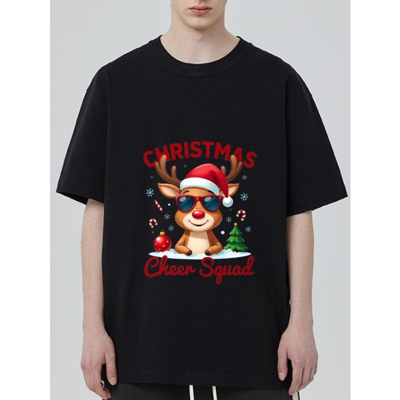 

Рождественская футболка черная с оленем в шапке Санты и солнцезащитных очках, принт Команда рождественского настроения , праздничная одежда для вечеринки XXXXL чёрный