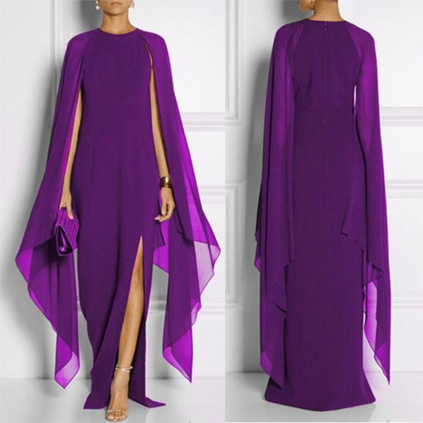 Elegantes Chiffon-Maxikleid für Damen mit hohem Schlitz, ausgestellten Ärmeln, formellem Abendkleid und Umhang