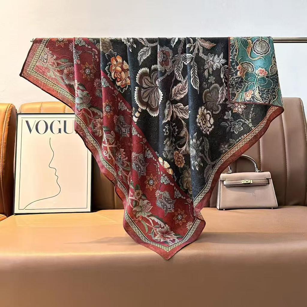 Imitation Velvet Silk Scarf Women'S 90 Square Scarf Double-Sided Heterochrome Splicing Printing Travel Beach Towel Sunscreen Shawl