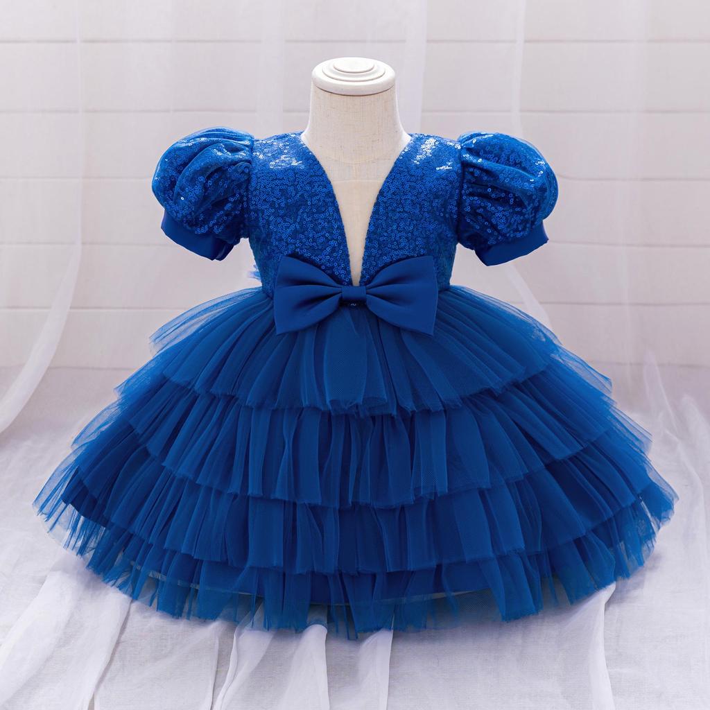 Kids' Sequin Puff Sleeve Princess Dress with Mesh Skirt for Birthday Parties