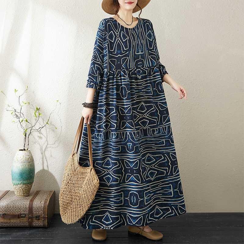 Round Neck Loose Plus Size Literary Vacation Plus Sleeve Dresses