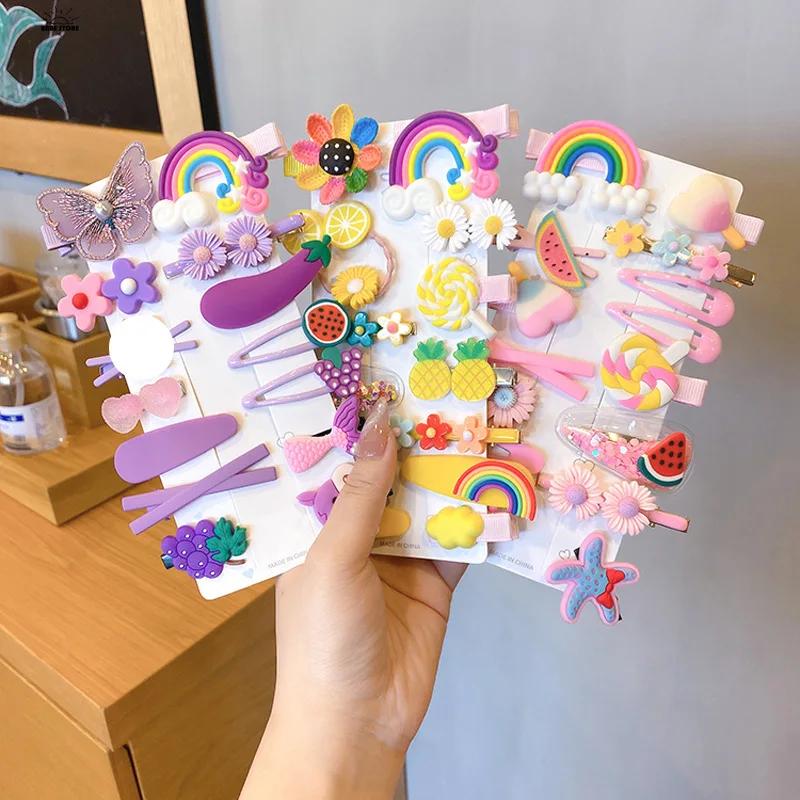 14PCS Girls Sweet Hair Clip Rainbow Fruit Cute Cartoon Hair Bands Lovely Hair Accessories Headwear Hairpins Headdress Barrettes
