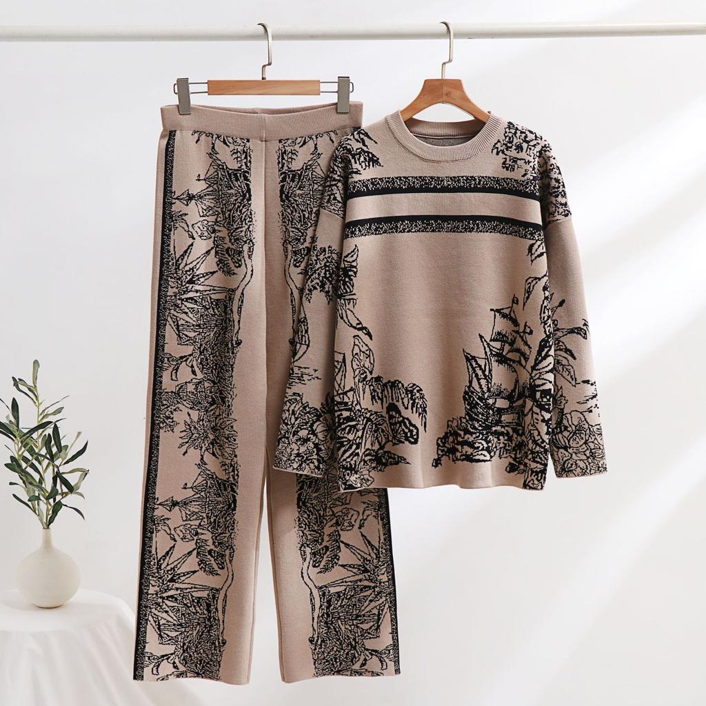 Autumn Winter Jacquard Vintage Knitting Two Pieces Suits Women Long Sleeve O-Neck Sweater and Wide Leg Pants Warm Loose 2pcs Sets