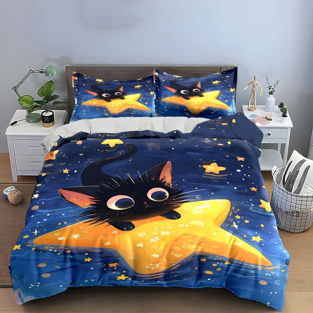 "Starry Night Cat Decor Set" Bedding Set with 1 Duvet Cover 2 Pillowcases Single Double King Queen, Gift