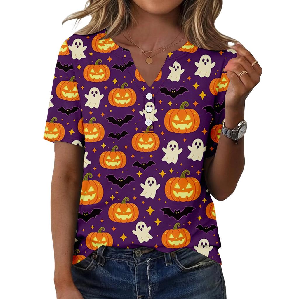 Women's Halloween Print V Neck Short Sleeve Button Front T Shirt Casual Fashion Top for Everyday Wear and Seasonal Events