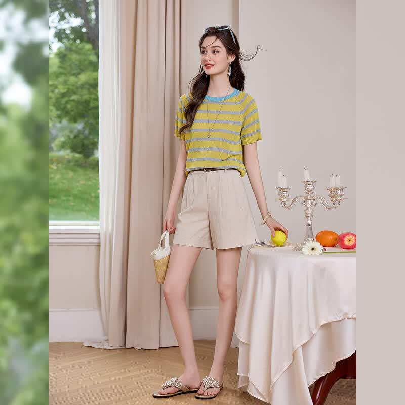 Bailuyu Retro Striped Short Sleeve Knit Top