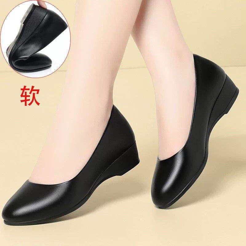 Stewardess Jiu Station non-slip soft-soled leather shoes flat-soled wedge heel work shoes women's black work professional single shoes spring and