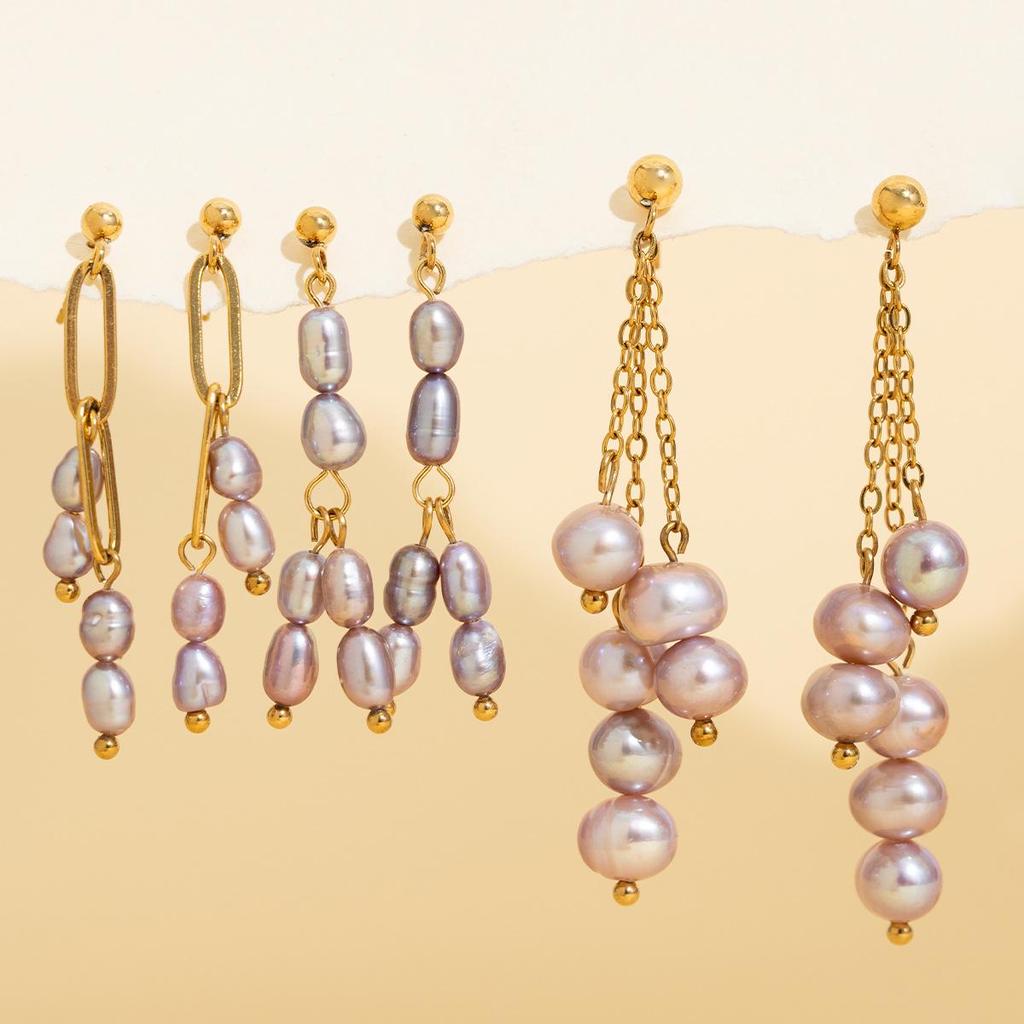 European Baroque Freshwater Pearl Tassel Hoop Earrings, Stainless Steel Gold-Plated, Face-Slimming Ear Jewelry for Women