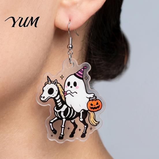 Lightweight Cartoon Pendant 1 Pair Acrylic Halloween Earrings for Women, 2D Flat Cute Unique Gothic Dangle Ghost Skull Drop Earrings, Holiday Jewelry