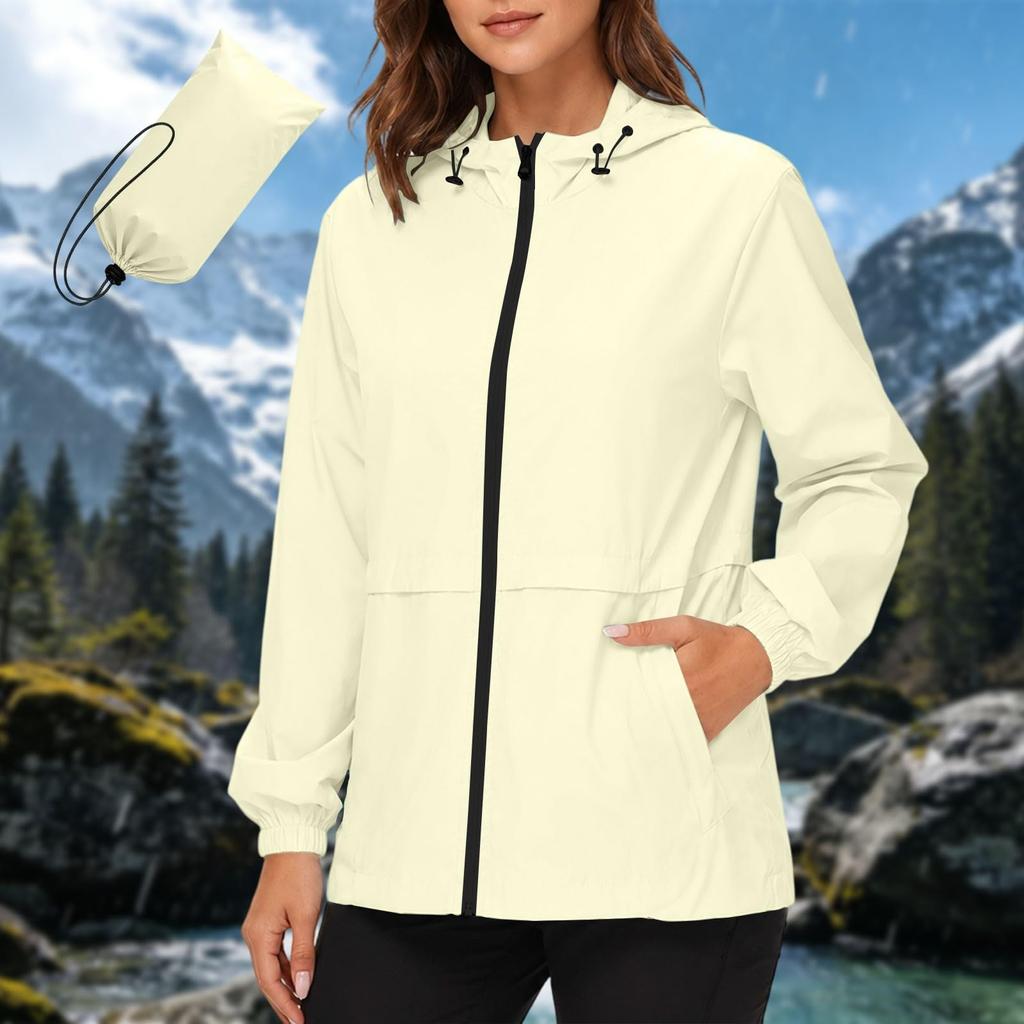 Women's Waterproof Windproof Hooded Jacket Lightweight Outdoor Raincoat Full Zip Front Pockets Adjustable Drawstring Hood