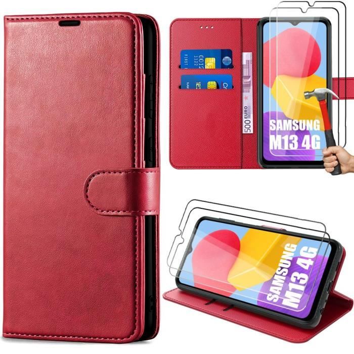 Coque pour Samsung Galaxy M13 avec 2 Verres Trempés - Protection Effet Cuir Rouge Fermeture Magnétique